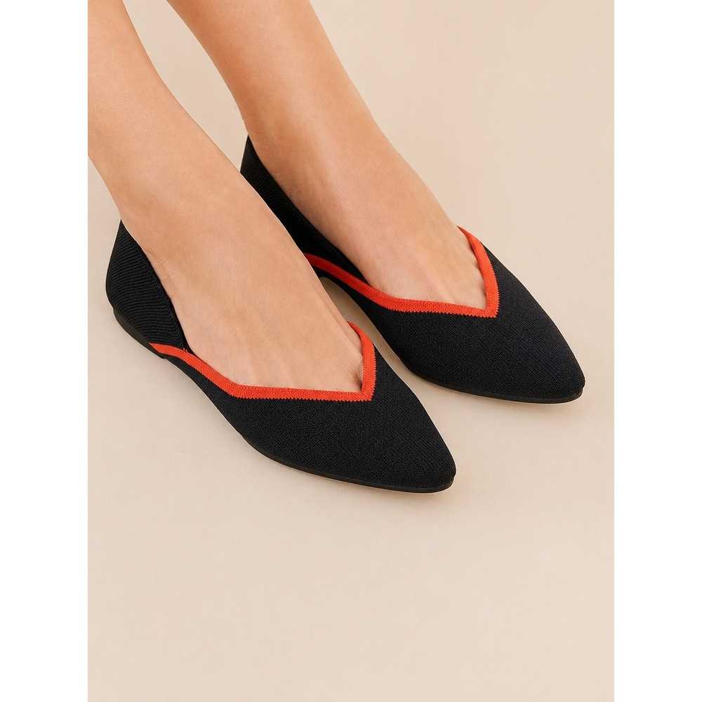 VIVAIA Chic Black Knit Pointed Flats with Bold Orange V-Cut Trim EU/35.5 US/5.5